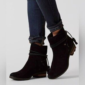 Sorel Black Farah Suede Booties Wrap Tasseled Western‎ Ankle Slip On Boot Boho 7